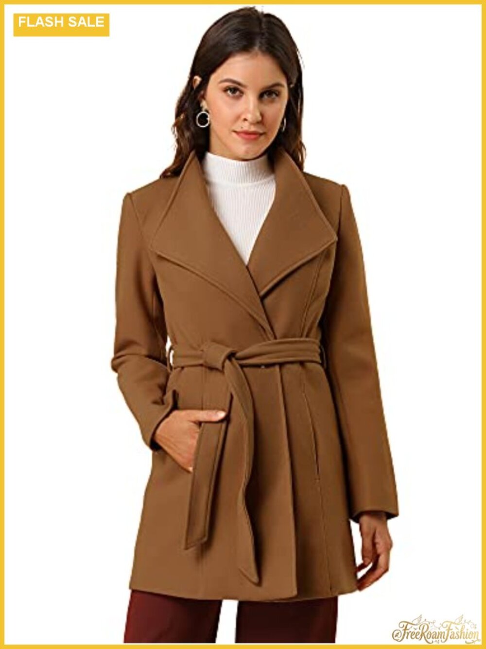 Long Belted Pea Coat Winter Elegant Stand Collar Women's Overcoat